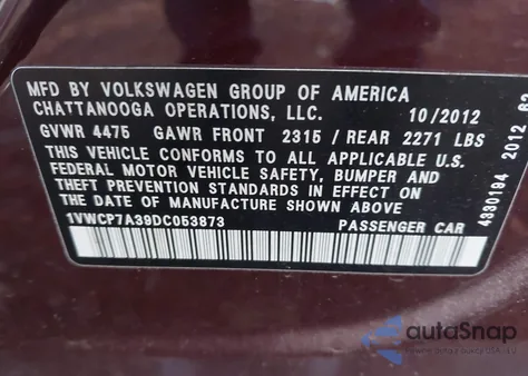 2013 Volkswagen Passat 2.5L Sel z USA, uszkodzony, nr VIN 1VWCP7A39DC053873